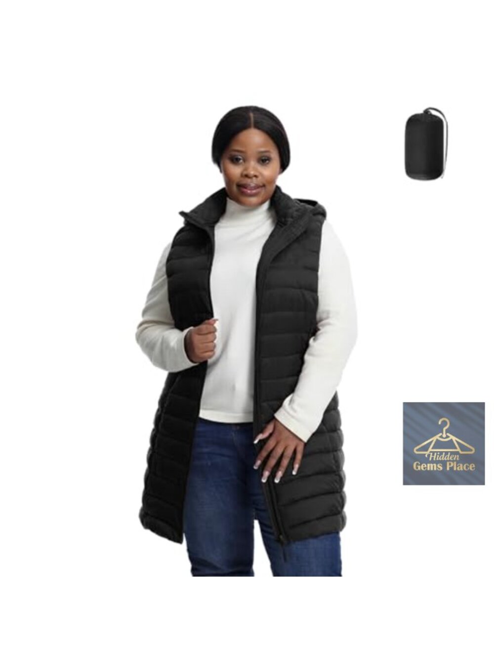 Plus Size Quilted Puffer Vest Packable Sleeveless Jacket Detachable Hood